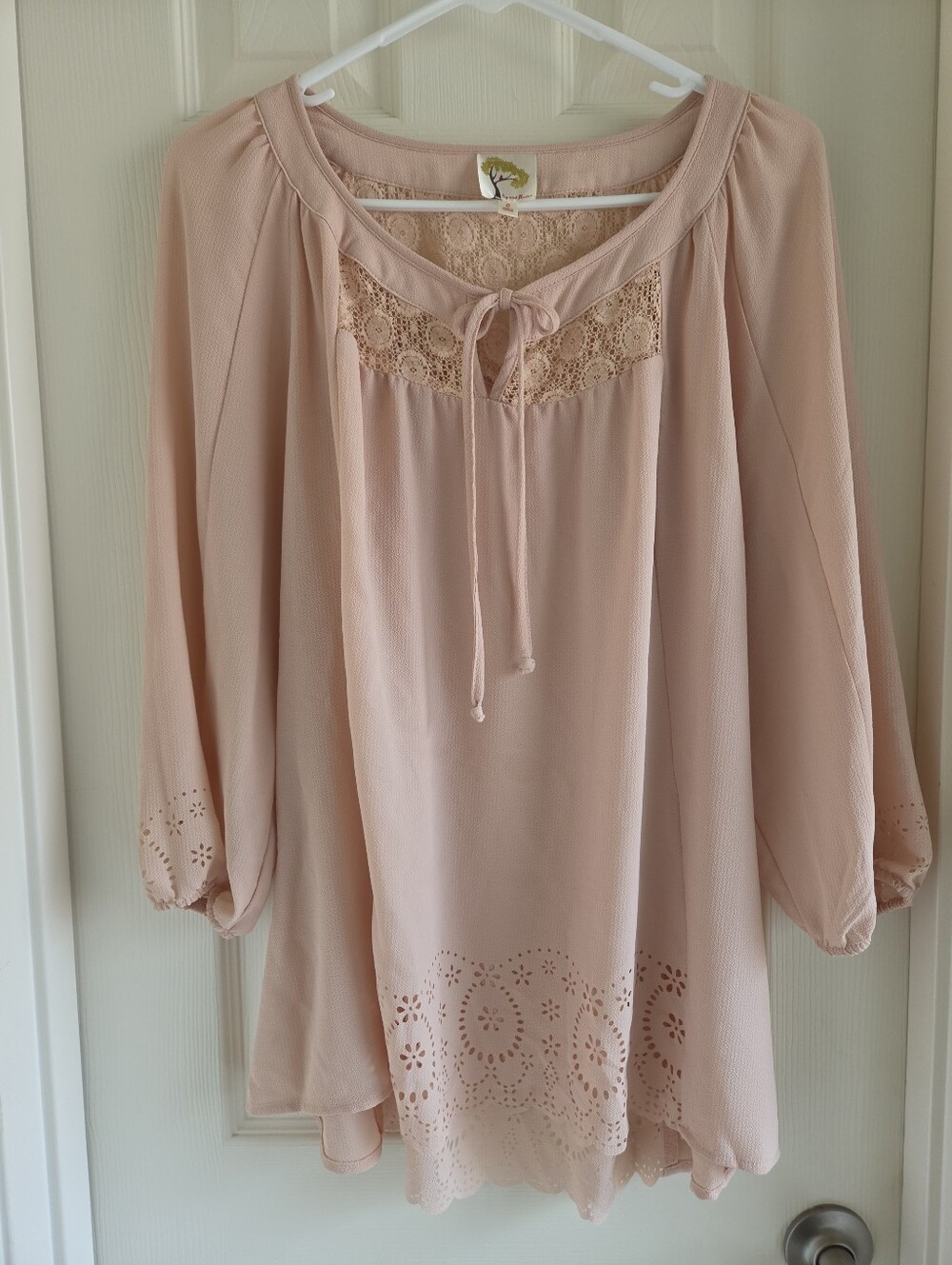 Fig & Flower Blush Pink Boho Lace Eyelet Tunic Peasant Blouse Size L